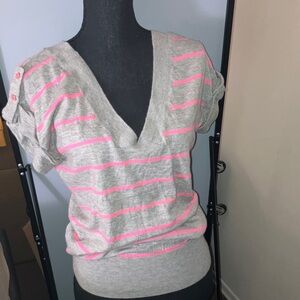 Gray and Pink Striped Short Sleeve cashmere Top